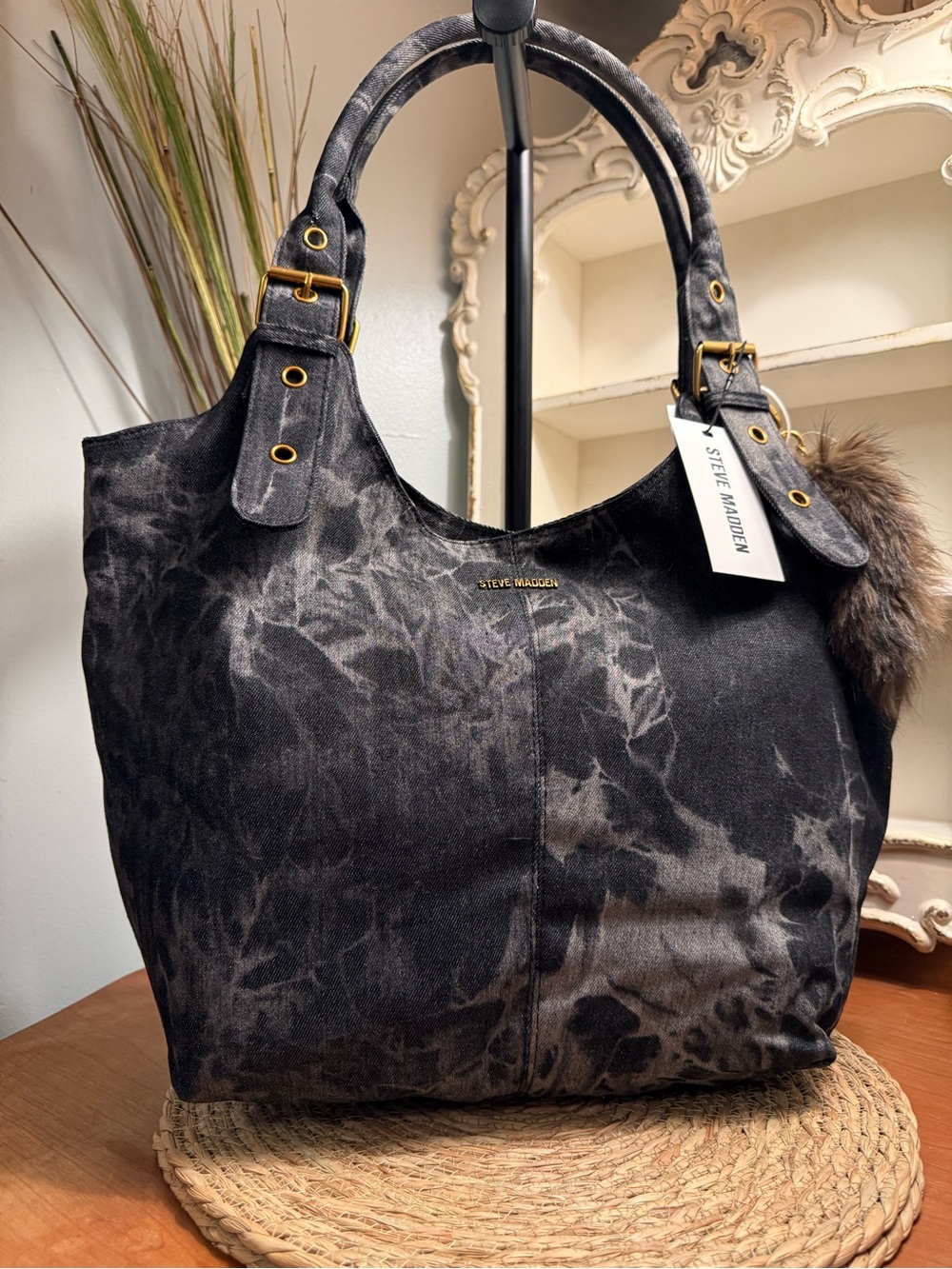 Steve Madden Black and Gray Tie-Dye Shoulder Tote